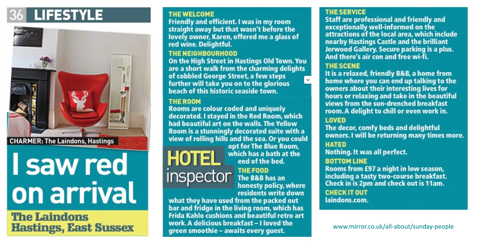 The Sunday People - Lifestyle Article - Feb 2019 - Boutique guesthouse Hastings